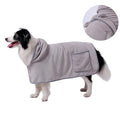 Blue dog bath robe with adjustable waistband fastened on a dog, showing absorbent fabric and sizing for drying.