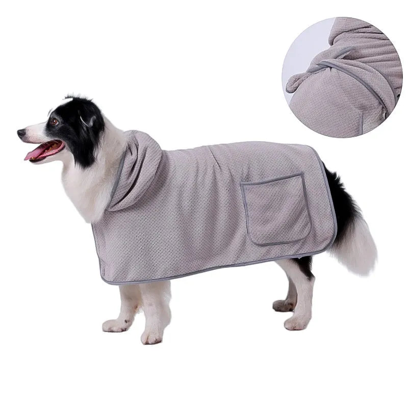 Blue dog bath robe with adjustable waistband fastened on a dog, showing absorbent fabric and sizing for drying.