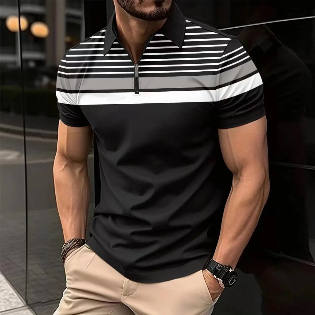 Men's black striped short sleeve T-shirt with loose fit, polyester fabric, front view