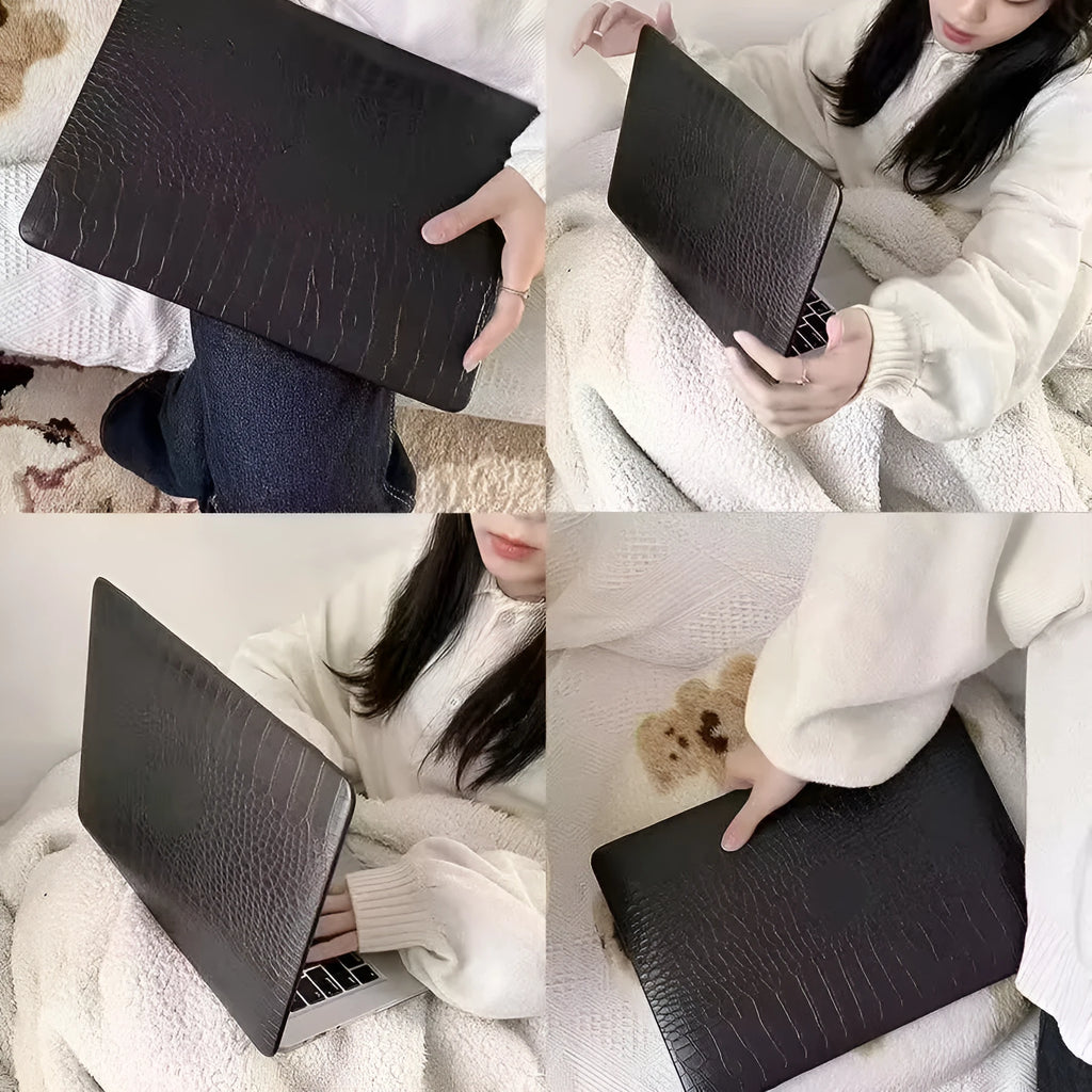 MacBook laptop case with crocodile pattern texture in black, white, or soft pink, showing hollowed Apple logo.