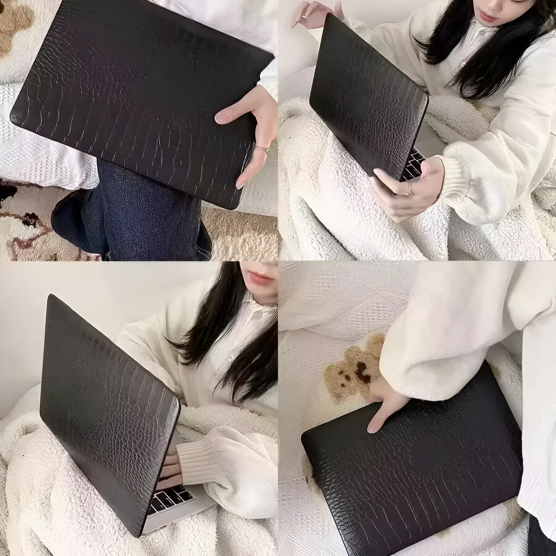 MacBook laptop case with crocodile pattern texture in black, white, or soft pink, showing hollowed Apple logo.