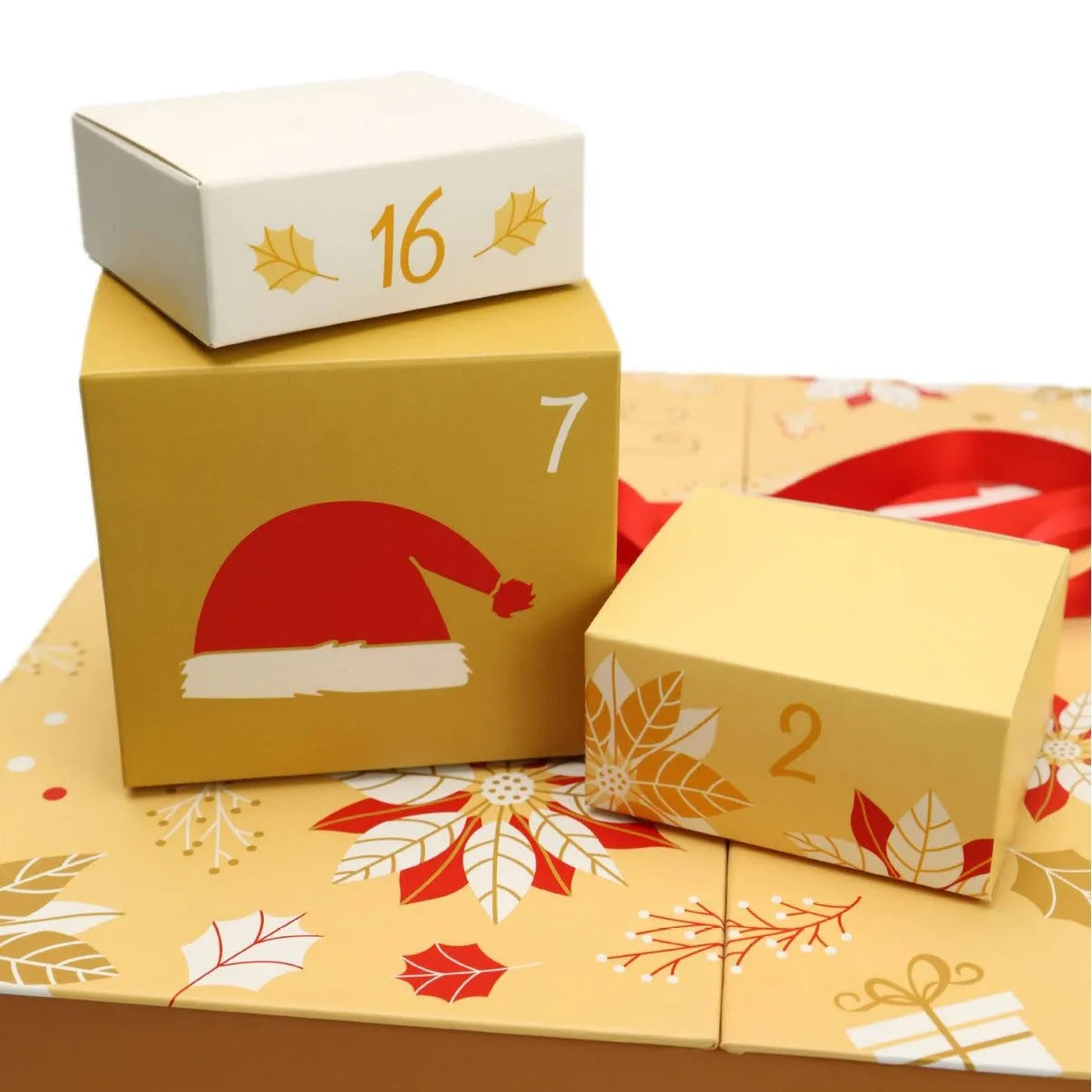 Yellow countdown calendar Christmas gift box with double doors and oil painting style finish on a shelf