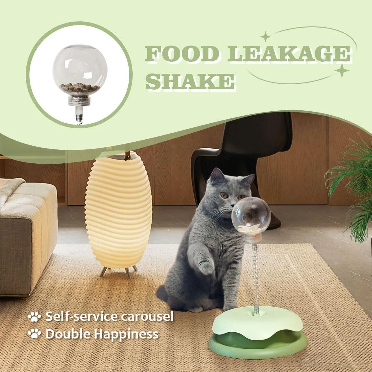 Blue and green cat treat dispenser toy with track ball for slow feeding and play