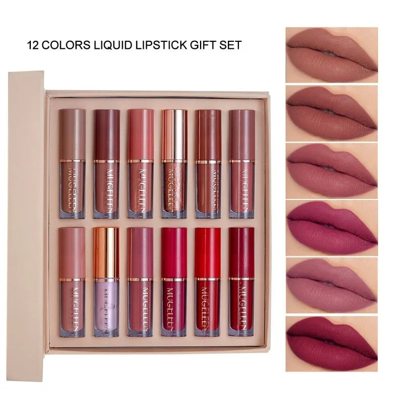 12-piece matte shimmer lip glaze set in nonstick cup colours with durable anti-fade formula