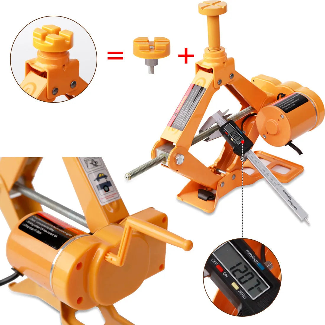 Yellow steel electric car jack set with 12V power and electric wrench for vehicle tyre changes