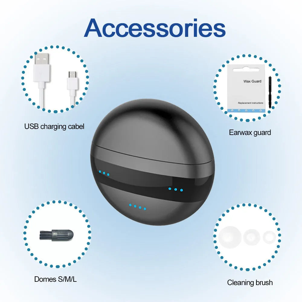 C700 red and blue in-ear digital hearing aid with charging case and earplugs.
