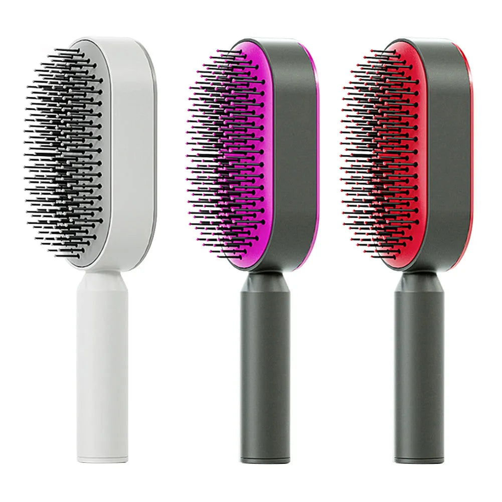 Self-cleaning hair brush with air cushion bristles in black gold, white, or purple colours