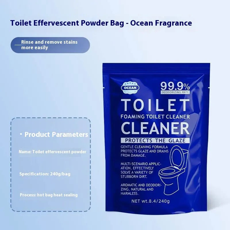 Toilet bubble powder cleaning product in blue ocean or pink floral fragrance, 240g bag or box of 5 sachets.