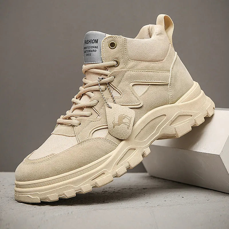 Men's high-top casual shoes with thick sole, mid heel 3-5cm, artificial PU upper, cotton lining, front lace-up, black khaki beige brown.