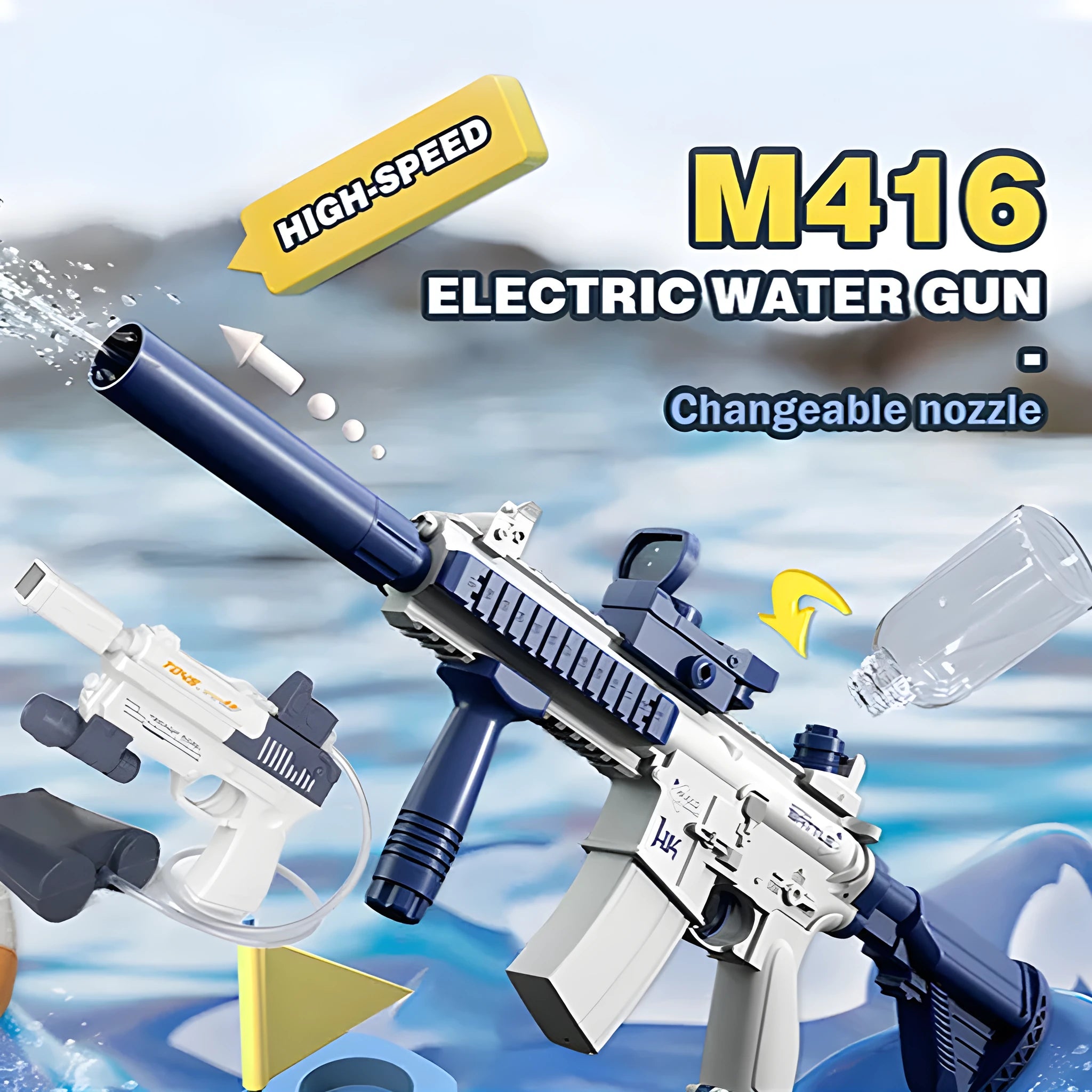 Blue automatic electric water gun with USB charging port for summer water fights