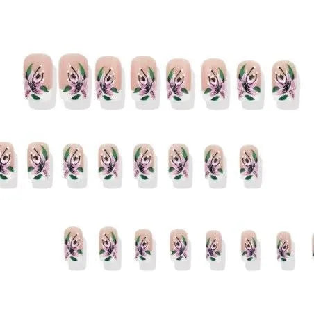 Pastoral style French white lily wearable nail set in jelly glue with European square shape