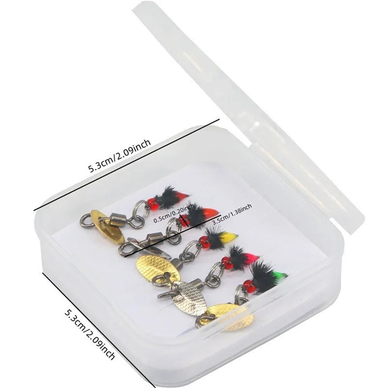 5 bionic mosquito and fly fishing hooks with spinning sequins in multicolour patterns