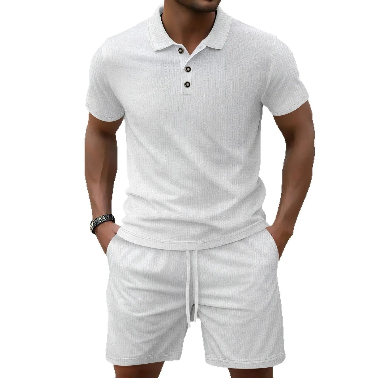 Men's jacquard short sleeve casual suit set with matching shorts in multiple colour options