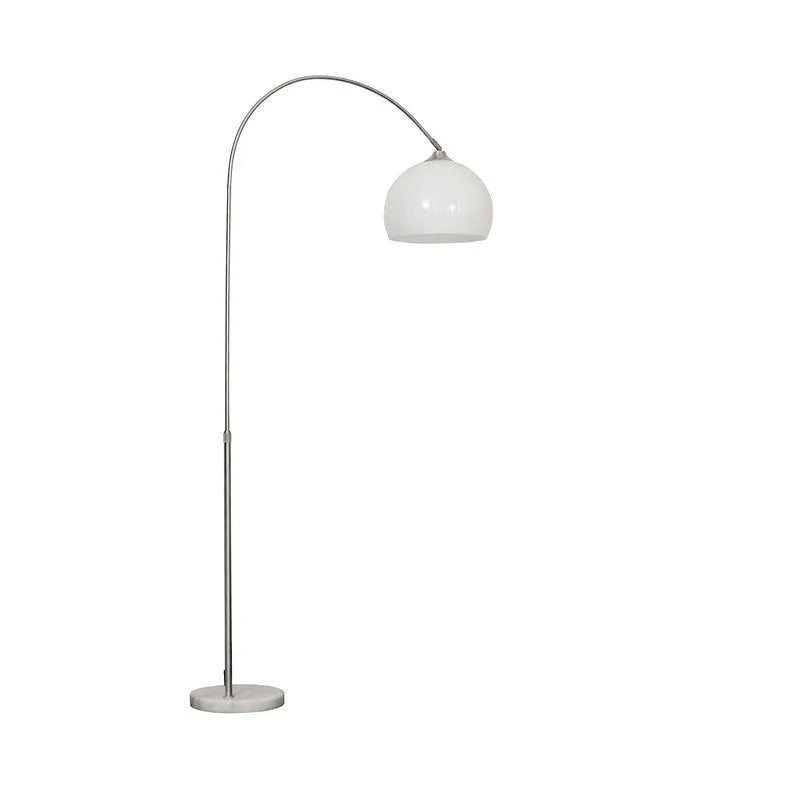 Modern minimalist fishing floor lamp with marble base, stainless steel pole, acrylic shade, 180-185cm height, white or orange shade.