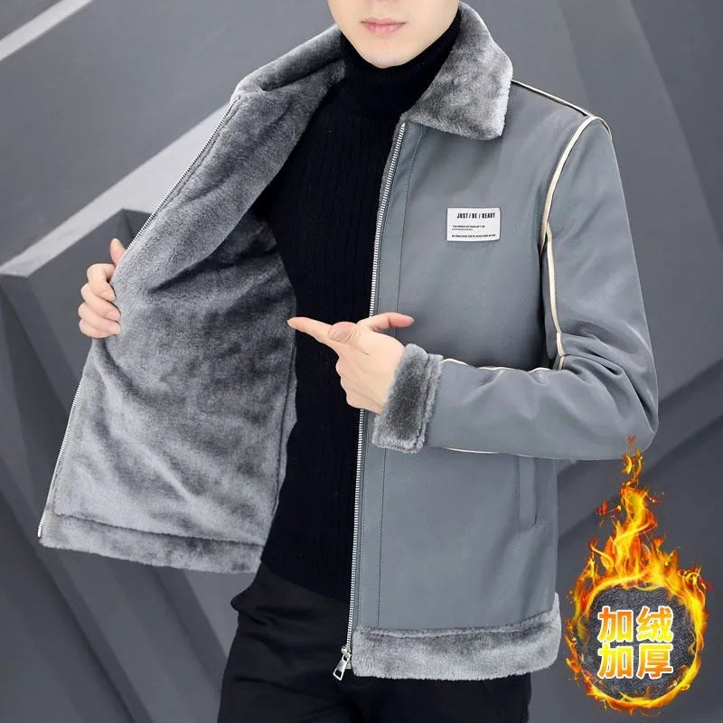 Men's corduroy winter coat with rabbit fur lining and suede leather accents, available in multiple colours and Asian sizes