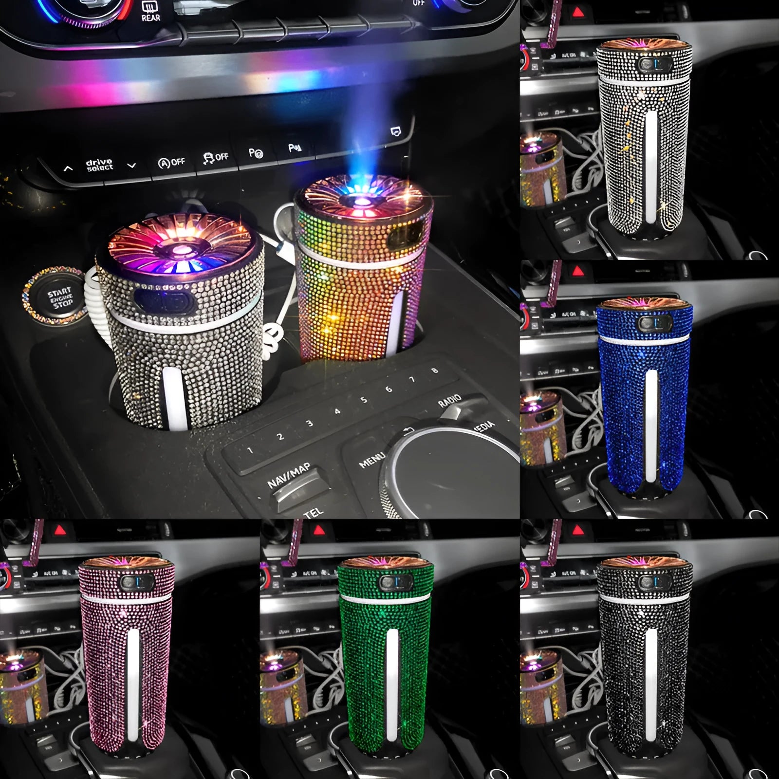 Rhinestone-decorated USB car humidifier with LED lights on a dark background.