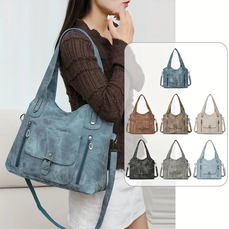 Soft synthetic leather vintage handbag with metal elements, available in blue, brown, khaki, beige, black, gray, and light blue.