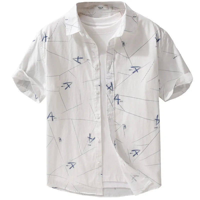 Men's pure cotton short sleeve shirt with letter print in loose cardigan style