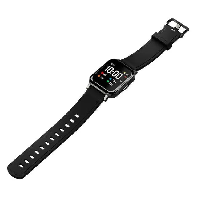 Black waterproof smart bracelet with 1.4-inch screen showing health metrics on silicone wrist strap