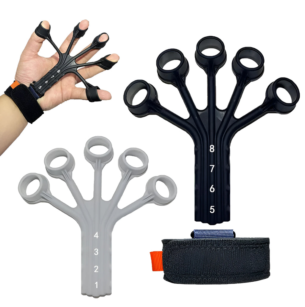 Silicone finger rehabilitation trainer and abdominal tension set with adjustable belts in black or grey