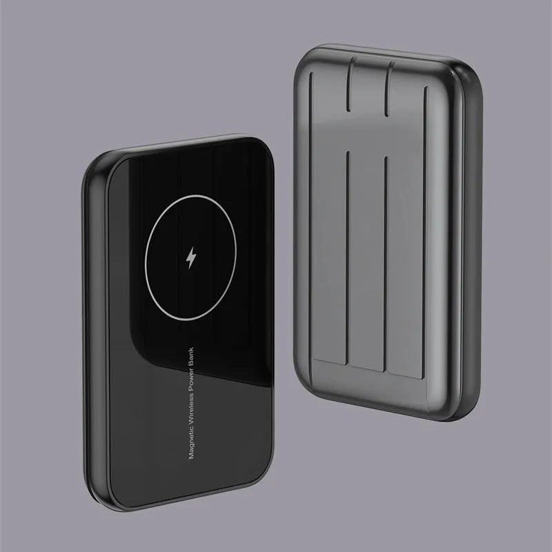 Blue 15W wireless magnetic power bank with 5000mAh capacity next to a smartphone