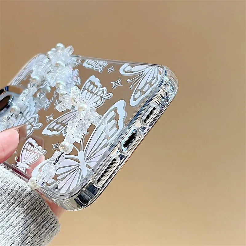 Transparent three-in-one mirror iPhone case with detachable bow bracelet for iPhone 15 Pro Max