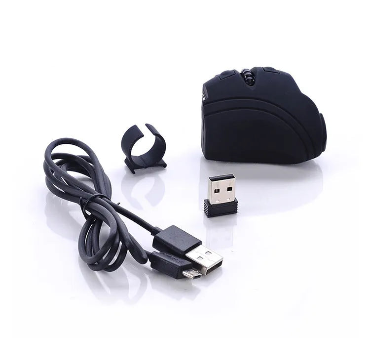 Rechargeable Bluetooth 2.4G wireless ring mouse on a finger, black colour, compact size 60x40mm
