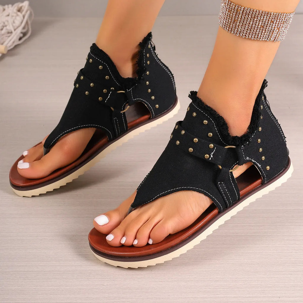 Denim thong sandals with rear zipper, side hollow, round toe, low heel