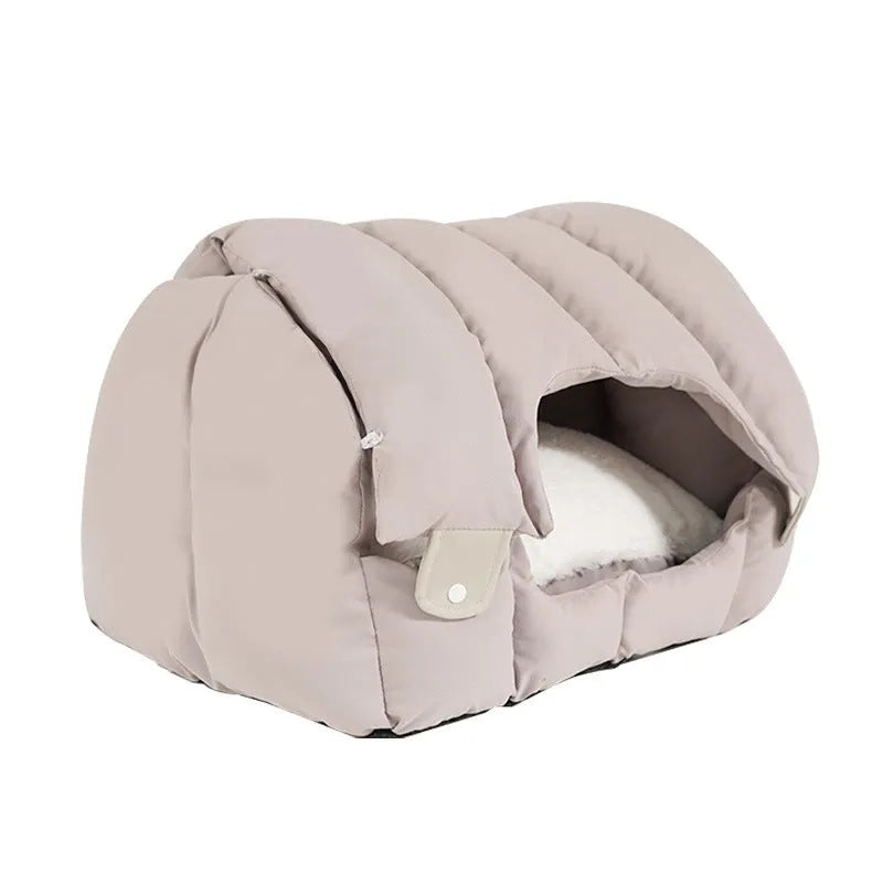 Grey dual-purpose arched pet nest shown as both an enclosed cat bed and an open sofa perch for dogs.
