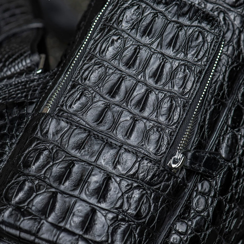 Kurayoshi handmade crocodile leather vertical square backpack with double shoulder straps and zipper closure