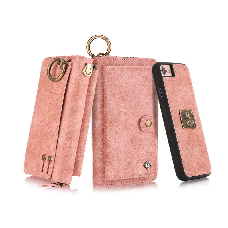 Multifunctional zipper wallet case for iPhone X and 6/7/8 Plus in black, with detachable inner shell, belt clip, card slot, and zip pocket.