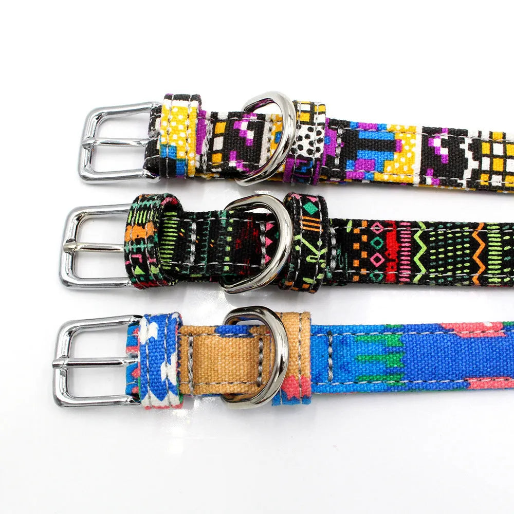 Canvas dog collar with reflective weave and traction leash in colourful fabric, four sizes XS to L
