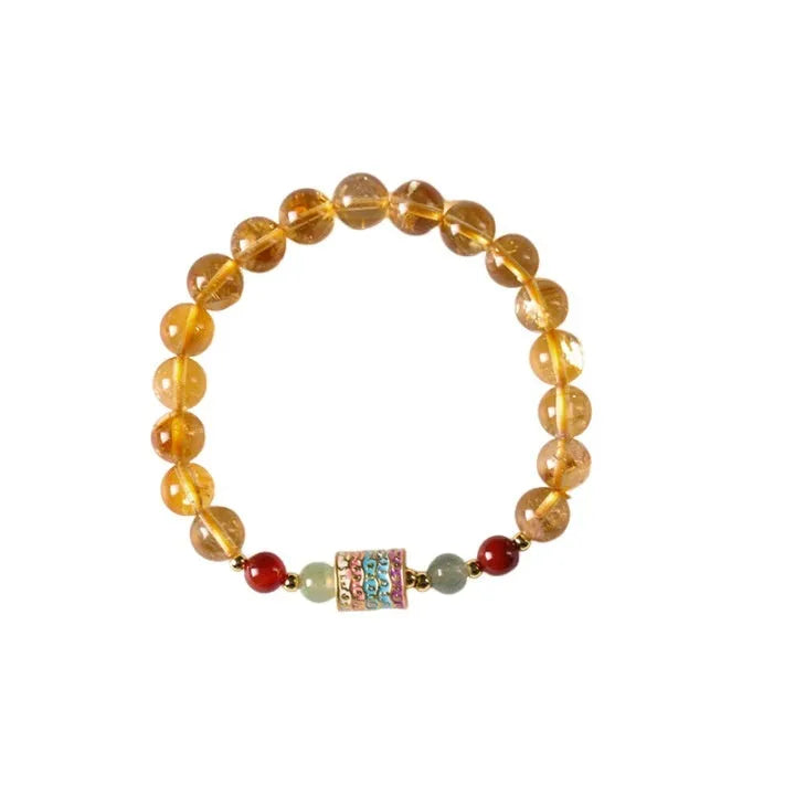 Yellow citrine prayer wheel bracelet with 8mm round beads and adjustable fastening