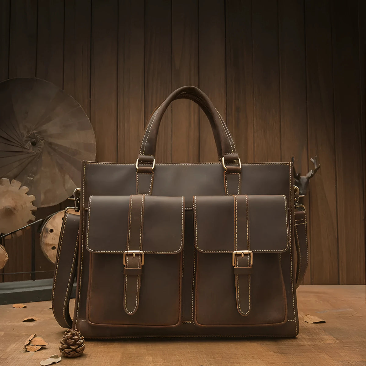 Handmade vintage dark brown top layer cowhide men's briefcase with 15-inch laptop slot and internal pockets