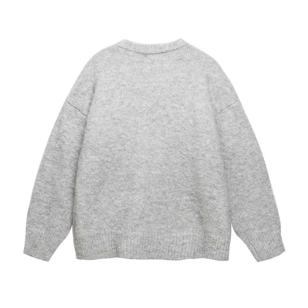 Gray loose-fit pullover sweater with American retro Christmas hat puppy embroidery for teenagers