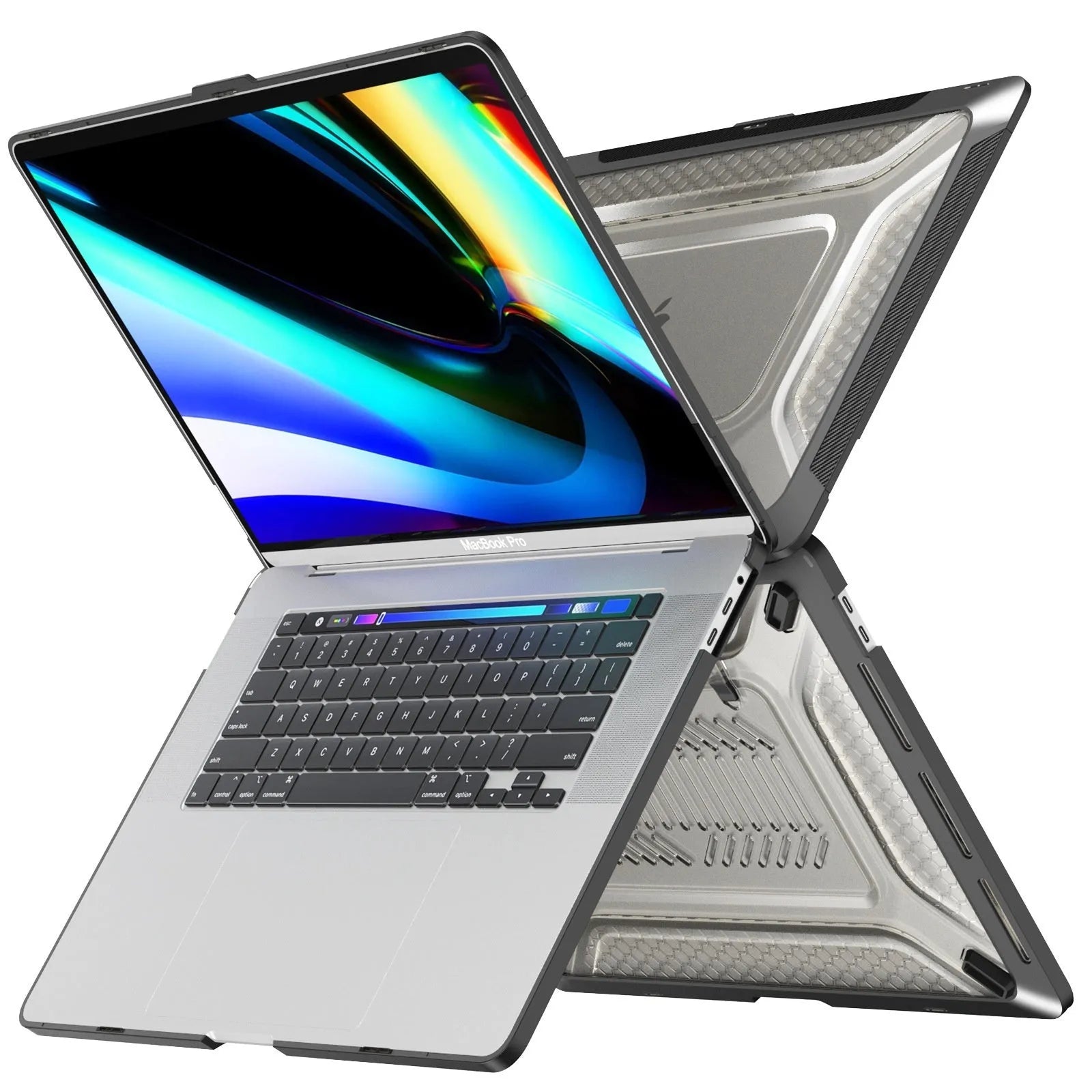MacBook protective shell case in four colour options showing compatibility with Air and Pro models