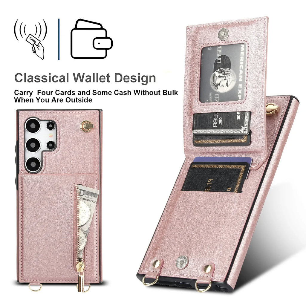 Black Samsung phone case with a crossbody strap, card slot, and folded kickstand visible on the back.