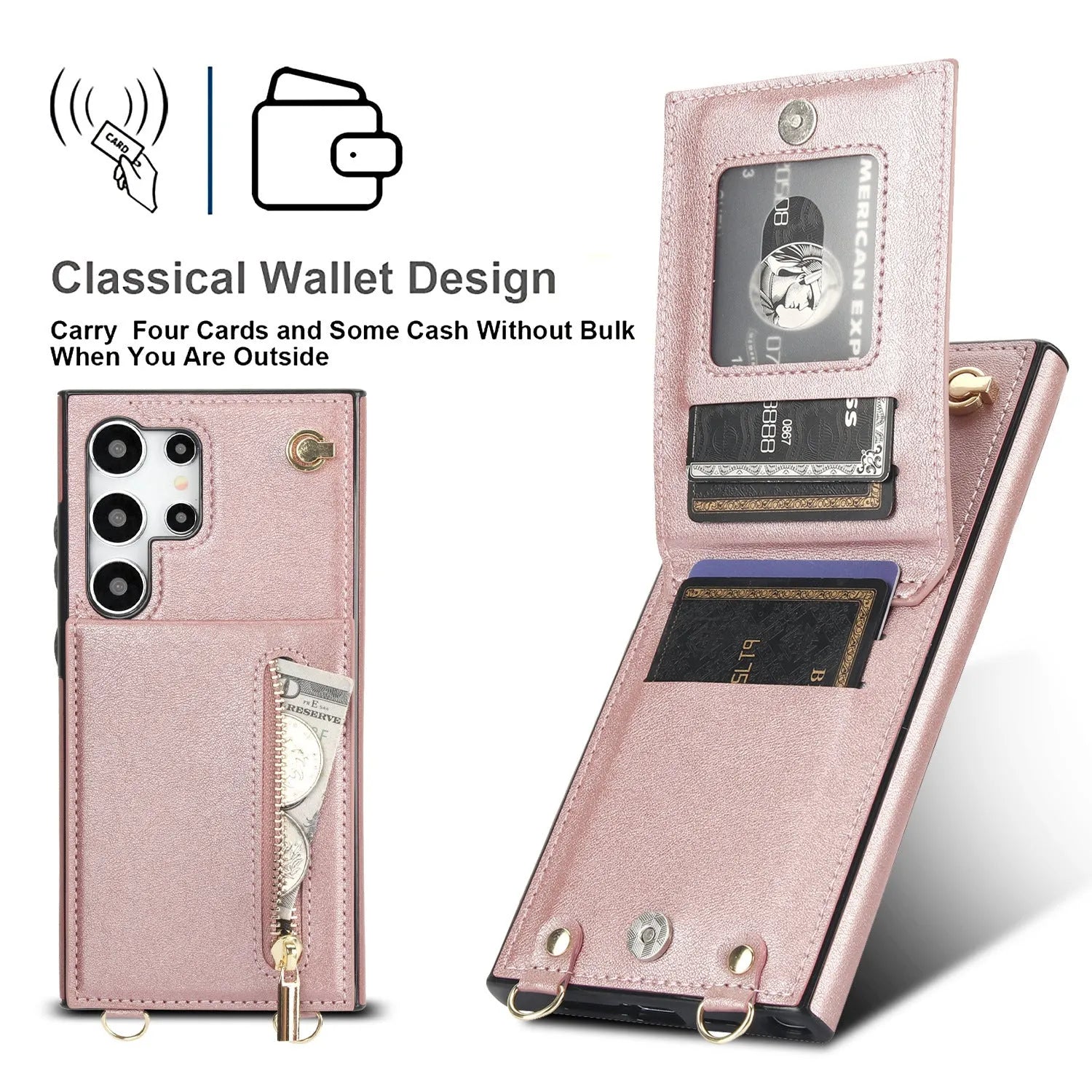 Black Samsung phone case with a crossbody strap, card slot, and folded kickstand visible on the back.