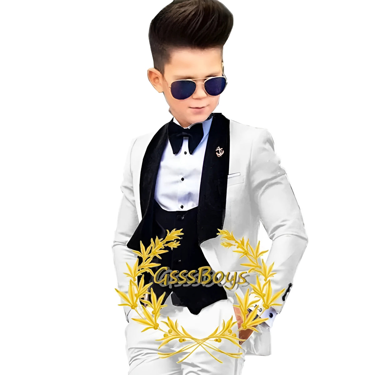 Boys' three-piece suit set with jacket, vest, and trousers in polyester, available in 11 colours and sizes 3T to 16T