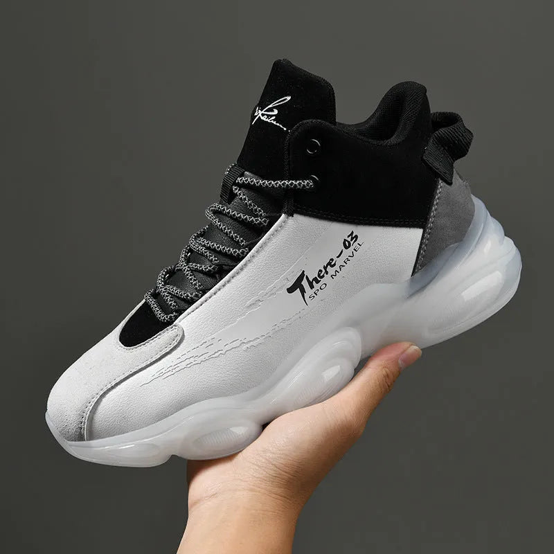 New Youth Basketball Running Sneakers white black TPU popcorn sole microfiber upper front lace-up platform flat heel