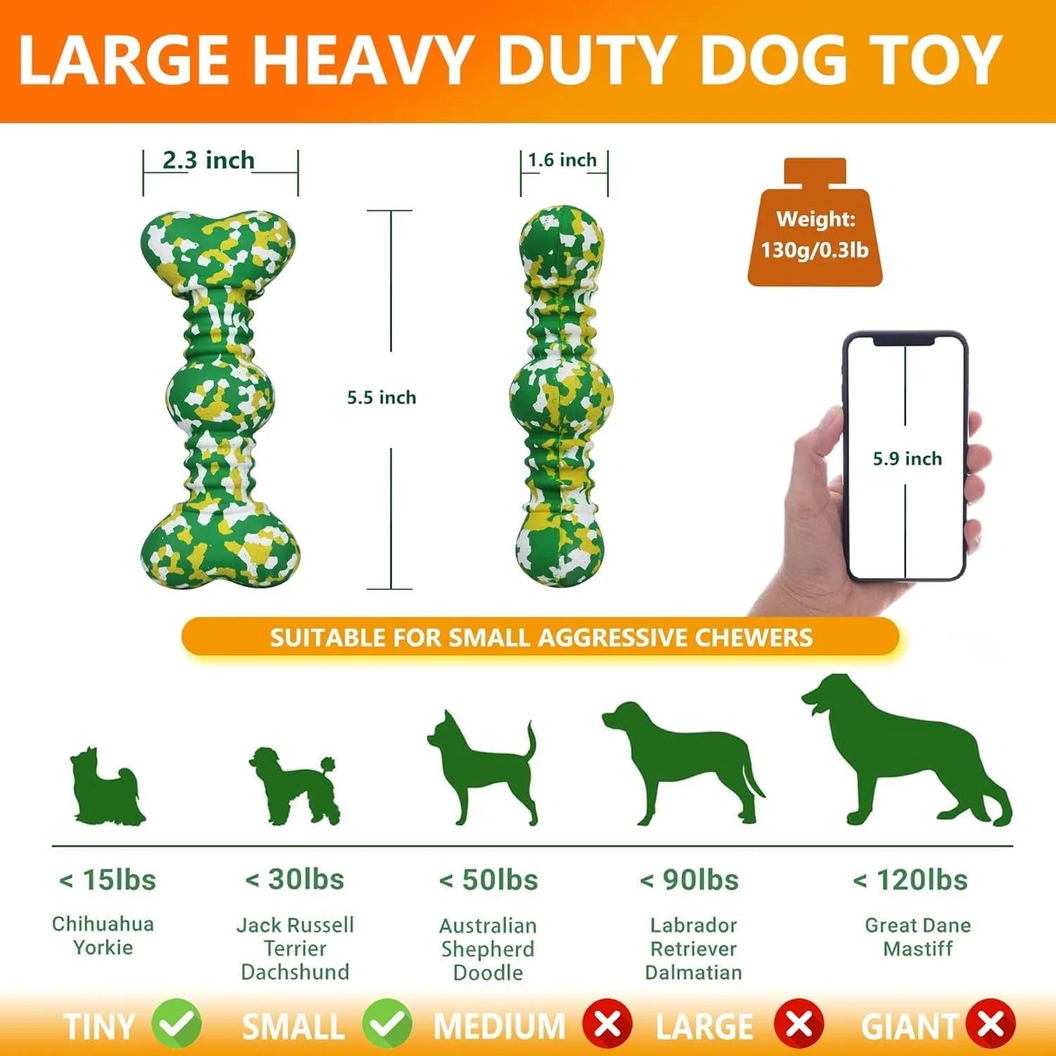 Green, white, and yellow camouflaged natural rubber bone chew toy for large dogs on a wooden surface.