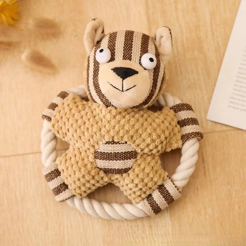 Pet cotton rope toy in bone shape with sound element and canvas covering for dog dental care