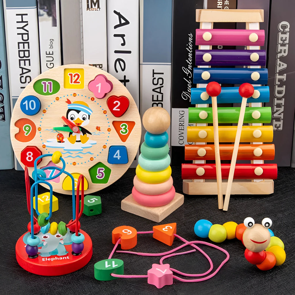 Wooden Orff children's eight-tone piano early education toy set with wooden toys in a Kraft box