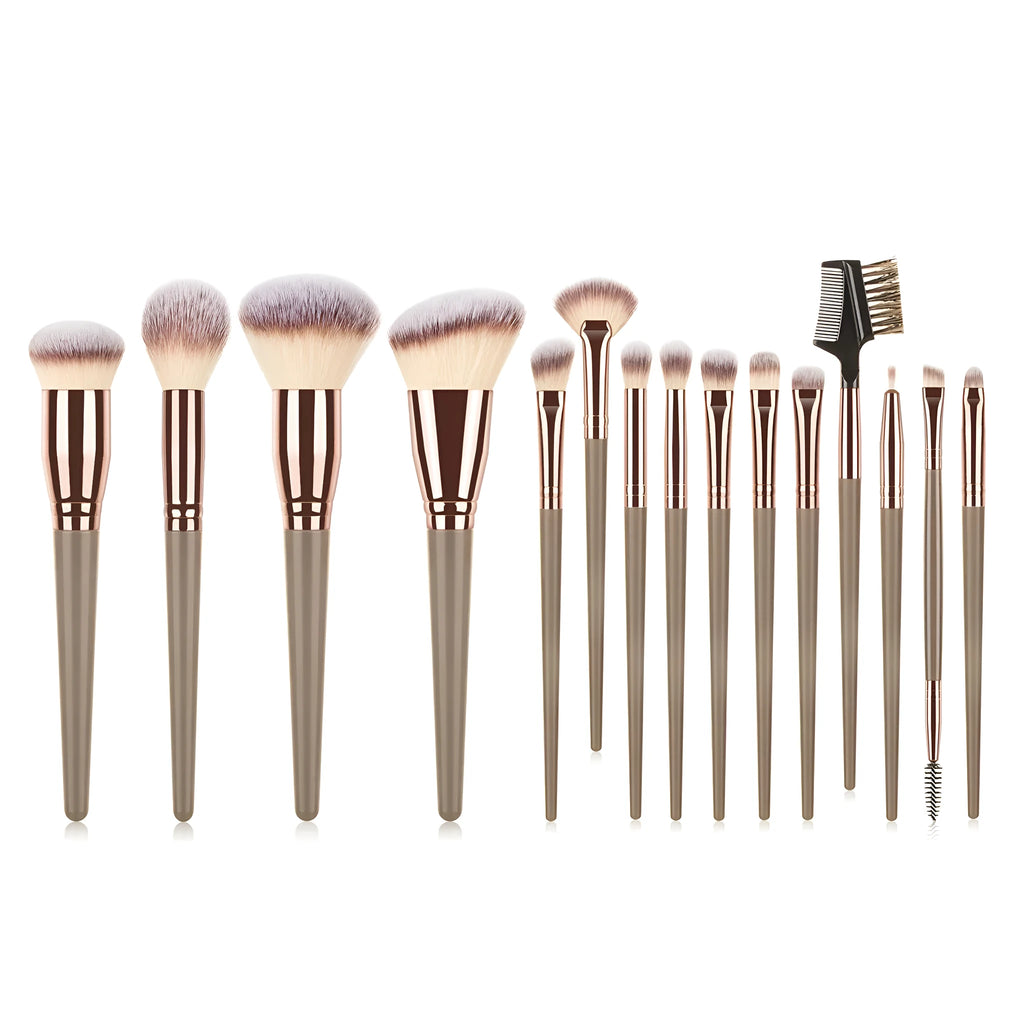 15-piece makeup brush set with eye shadow brush, man-made fibre bristles, plastic handles, 19cm length, brown or black
