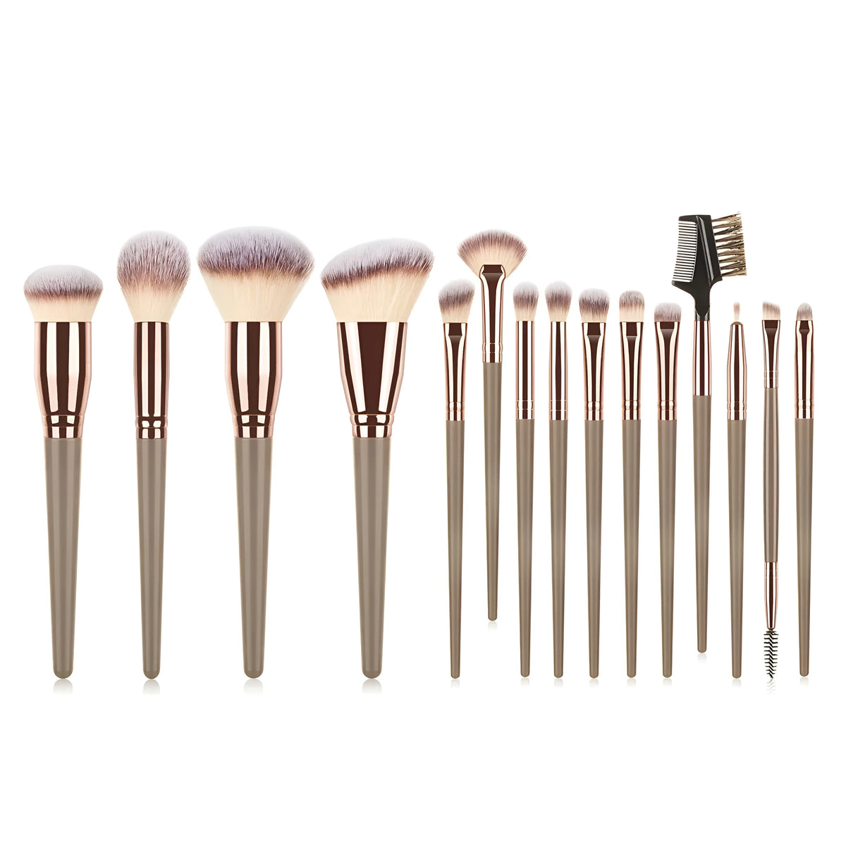 15-piece makeup brush set with eye shadow brush, man-made fibre bristles, plastic handles, 19cm length, brown or black