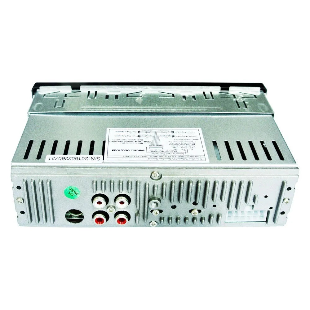 Car Bluetooth stereo receiver with front panel showing USB, SD card slots, and auxiliary input port