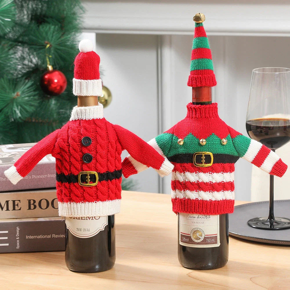 Festive knitted wine bottle covers in red and green stripes and red belt designs, perfect for Christmas and holiday decor