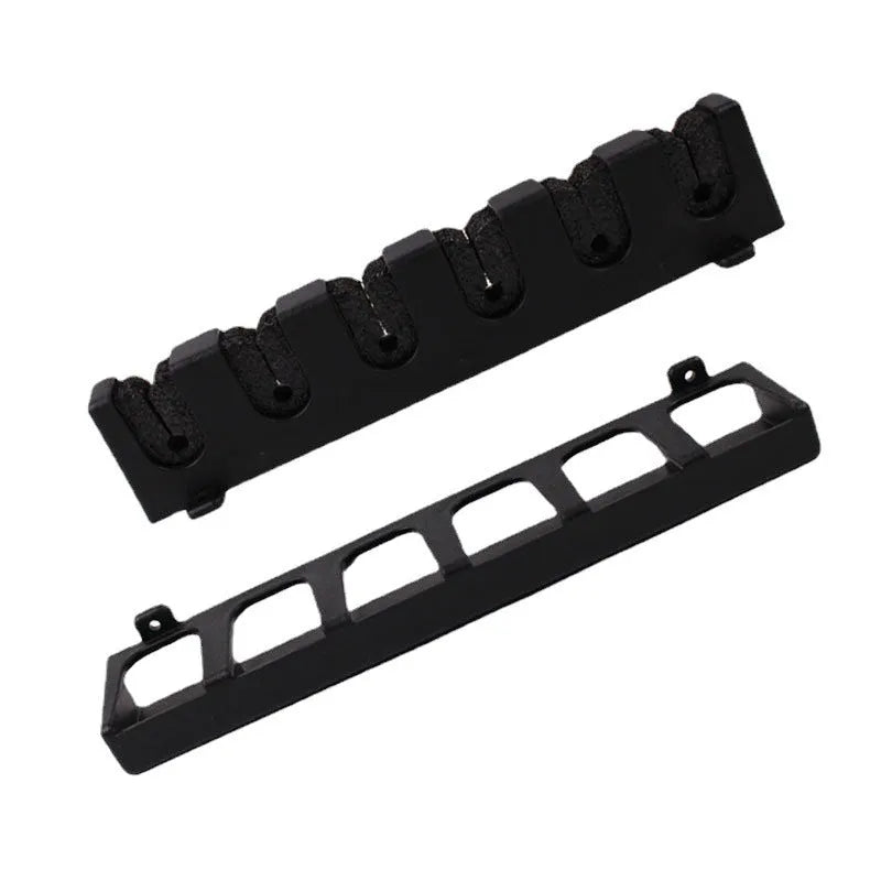 Black ABS plastic wall-mounted fishing rod holder in horizontal and upright display orientations