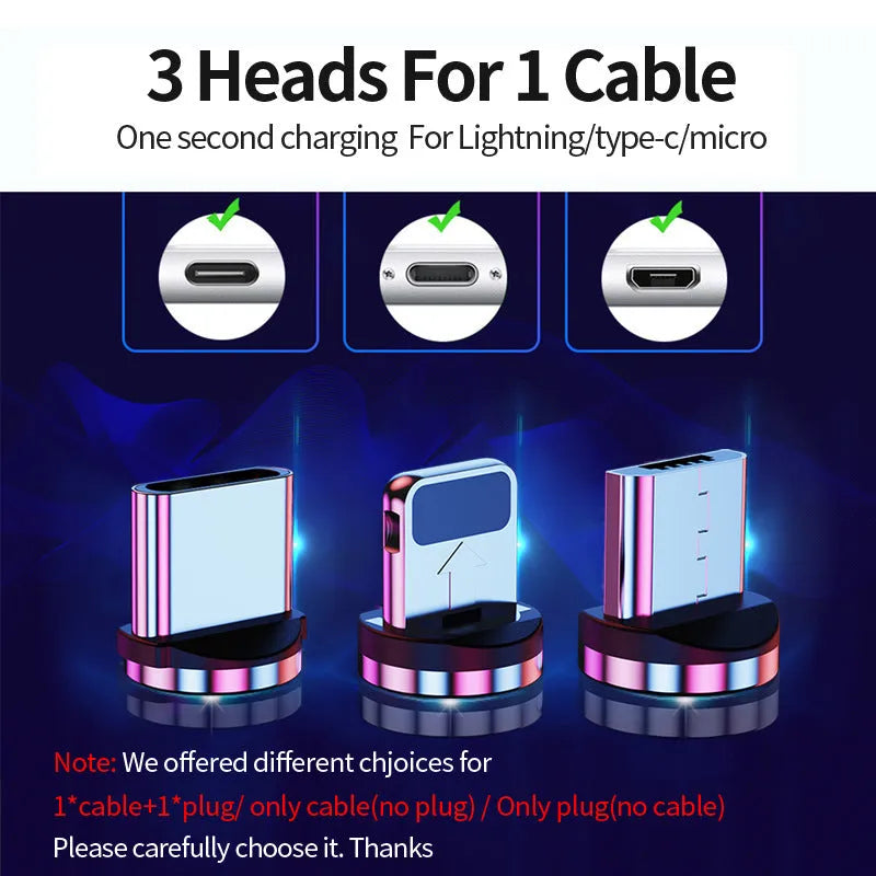 Black magnetic data cable with detachable Apple, Android and Type-C magnetic heads, shown in 1m and 2m lengths.