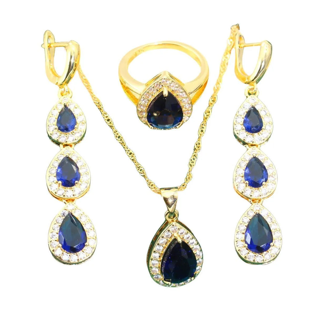 Blue water drop zircon 3-piece jewellery set with copper inlaid zircon, necklace earrings ring, retro auspicious patterns